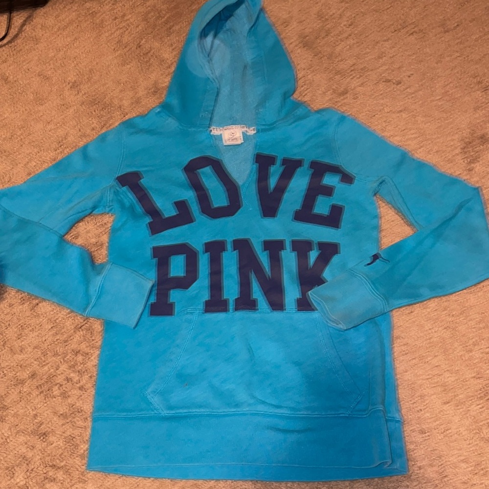 Victoria Secret Love Pink Bright Blue and Navy Print Hooded Sweatshirt
